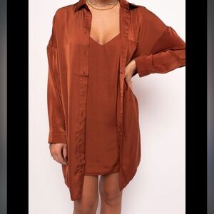 NWT DRESSED IN LALA SILKY SLIP AND BUTTON DOWN TOP SET COGNAC